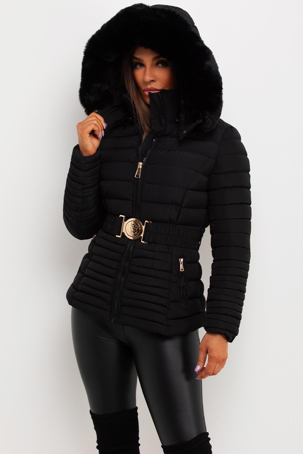 Kahlani | Women’s padded puffer jacket with faux fur hood and belt