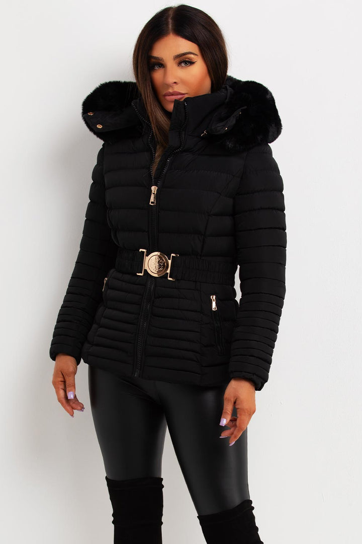 Kahlani | Women’s padded puffer jacket with faux fur hood and belt