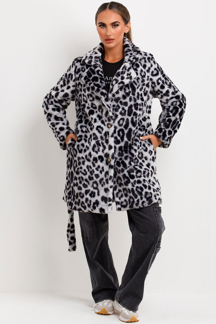 Arlieh | Women’s leopard print faux fur belted coat
