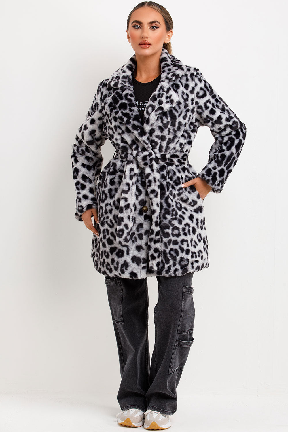 Arlieh | Women’s leopard print faux fur belted coat