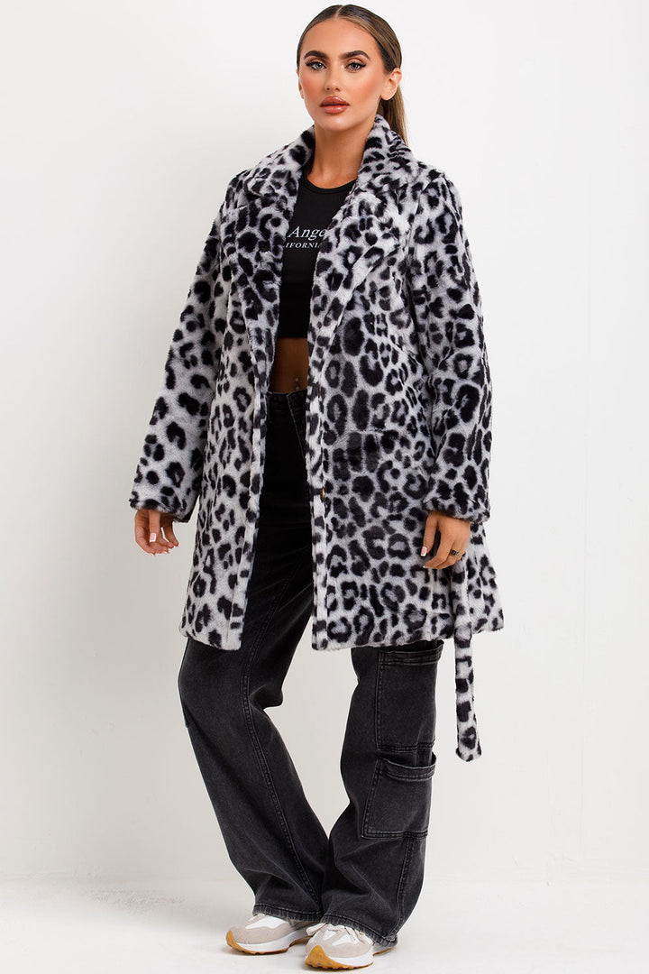 Arlieh | Women’s leopard print faux fur belted coat