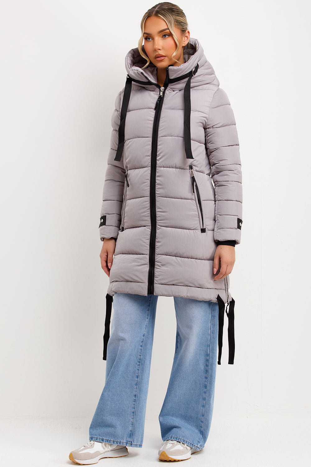 Bailee | Women’s long hooded puffer coat with side strap detail