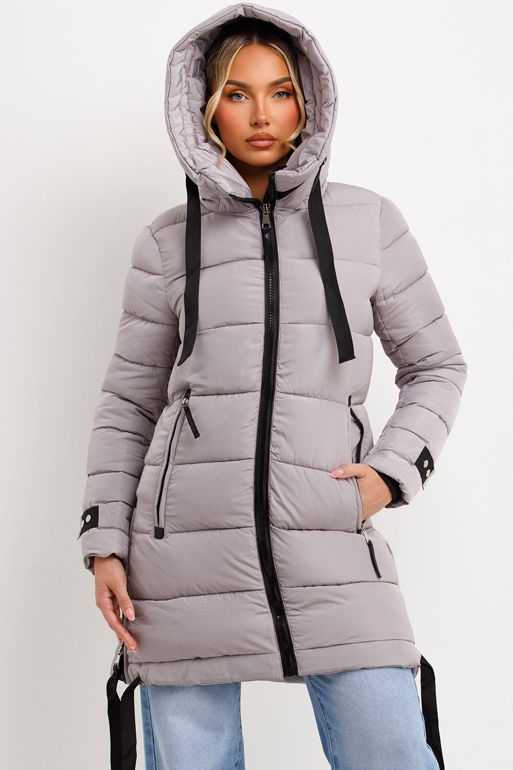 Bailee | Women’s long hooded puffer coat with side strap detail
