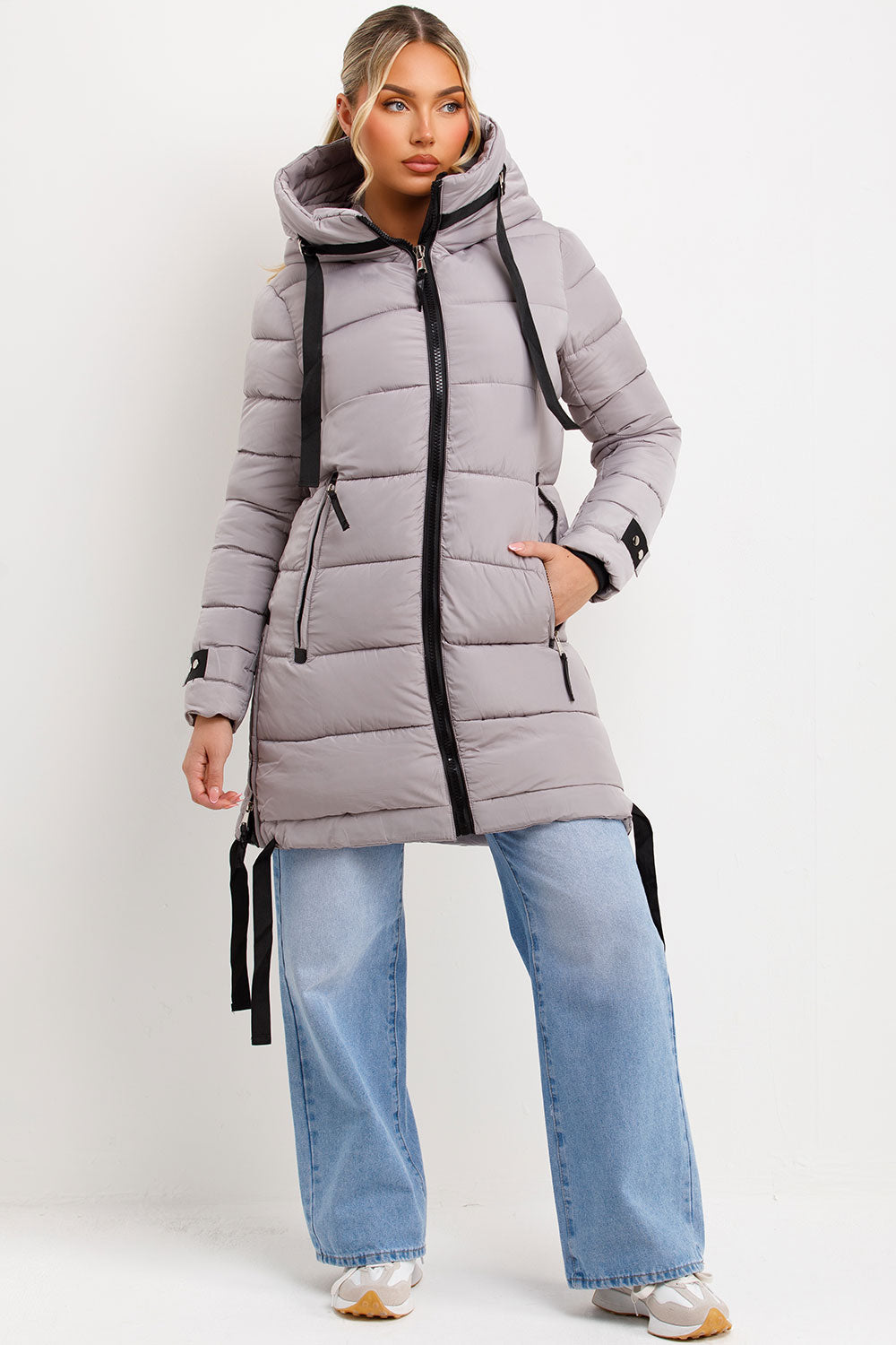 Bailee | Women’s long hooded puffer coat with side strap detail