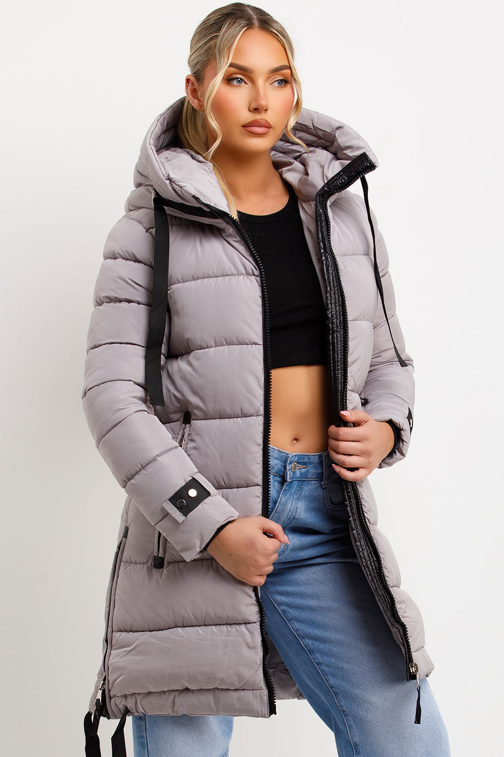 Bailee | Women’s long hooded puffer coat with side strap detail