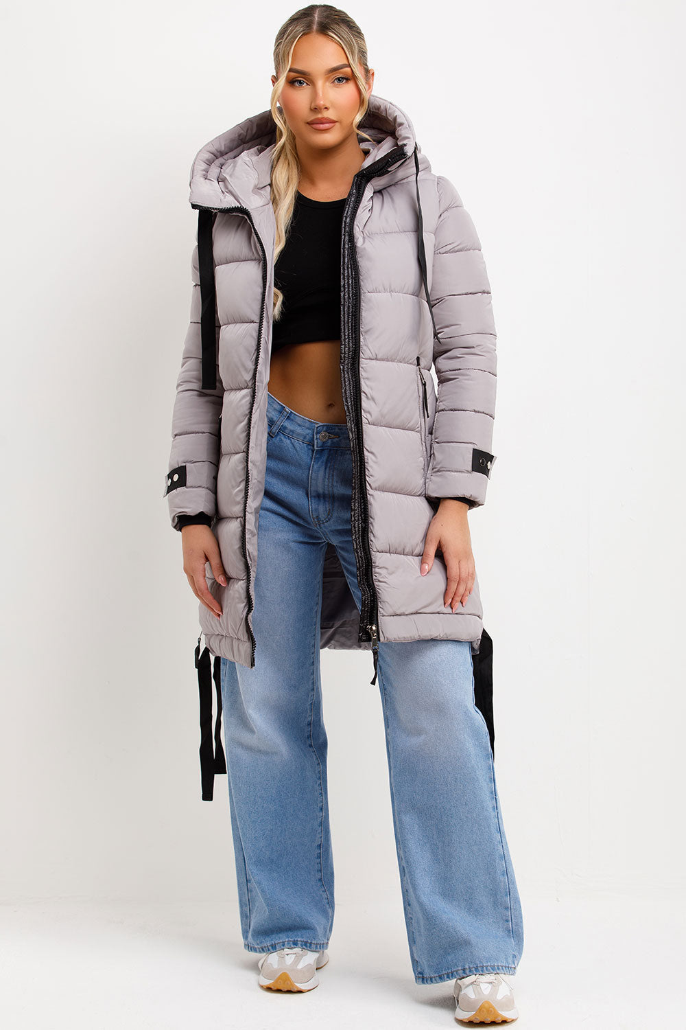 Bailee | Women’s long hooded puffer coat with side strap detail