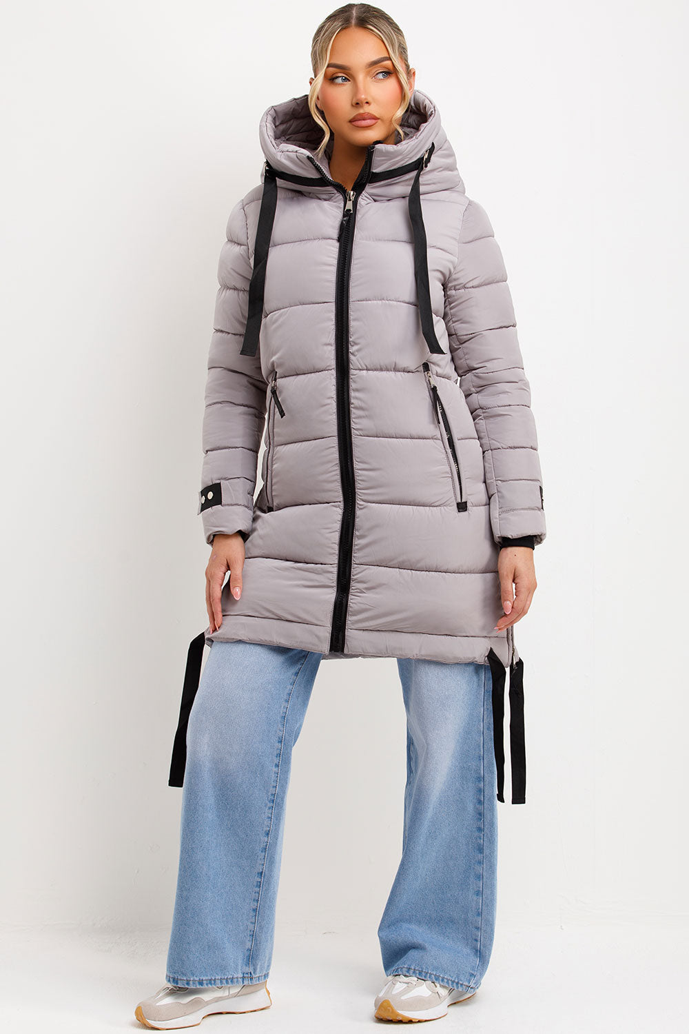 Bailee | Women’s long hooded puffer coat with side strap detail