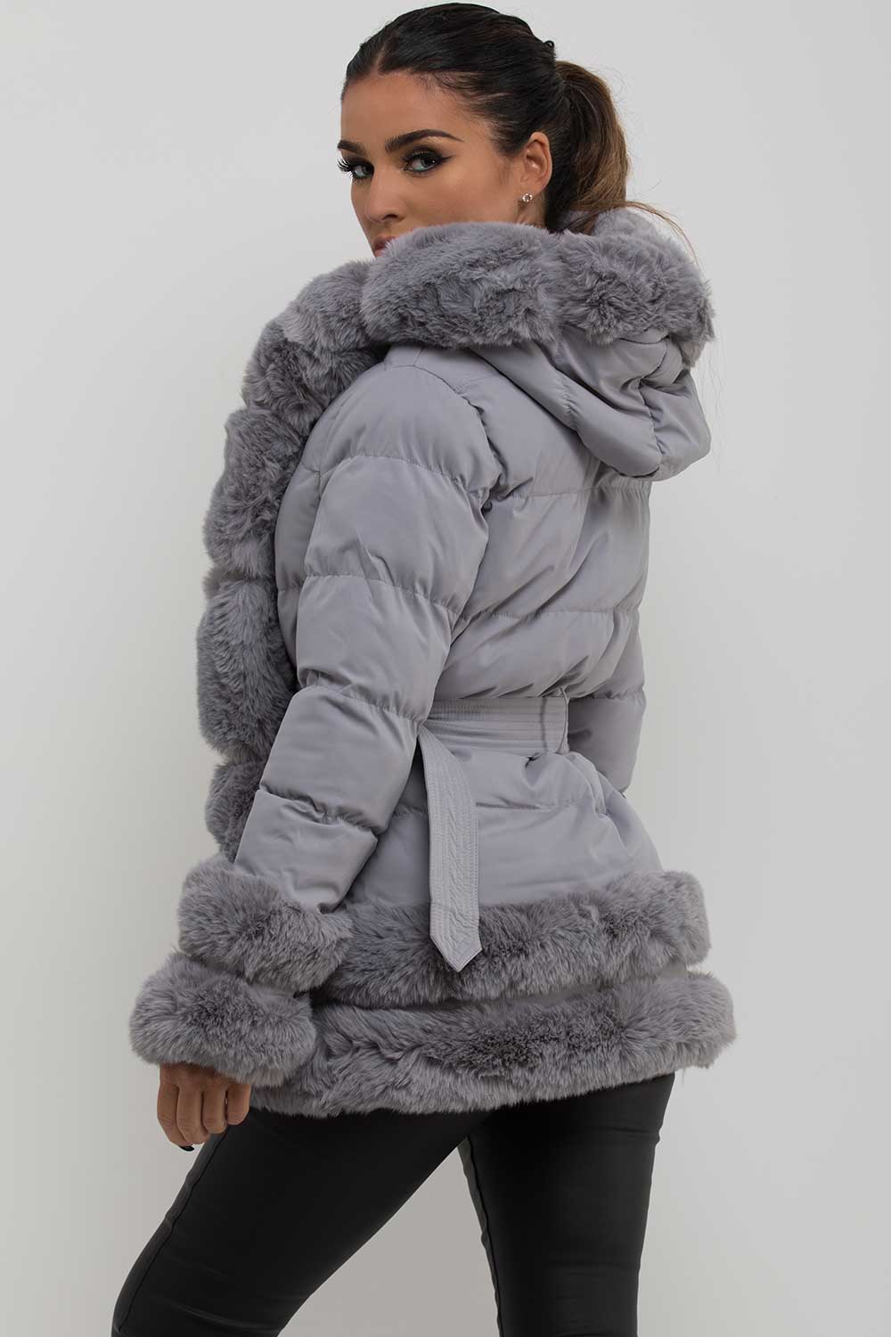 Kiana |  Women’s faux fur trim hooded puffer jacket with belt