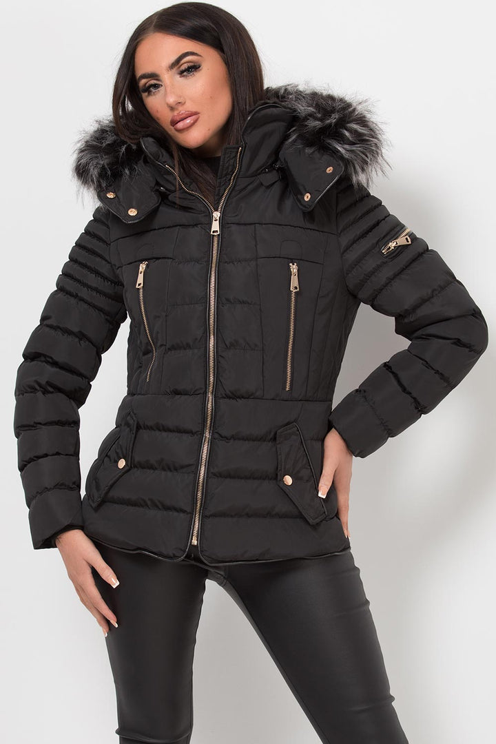 Lilian | Women’s black hooded faux fur trim puffer jacket