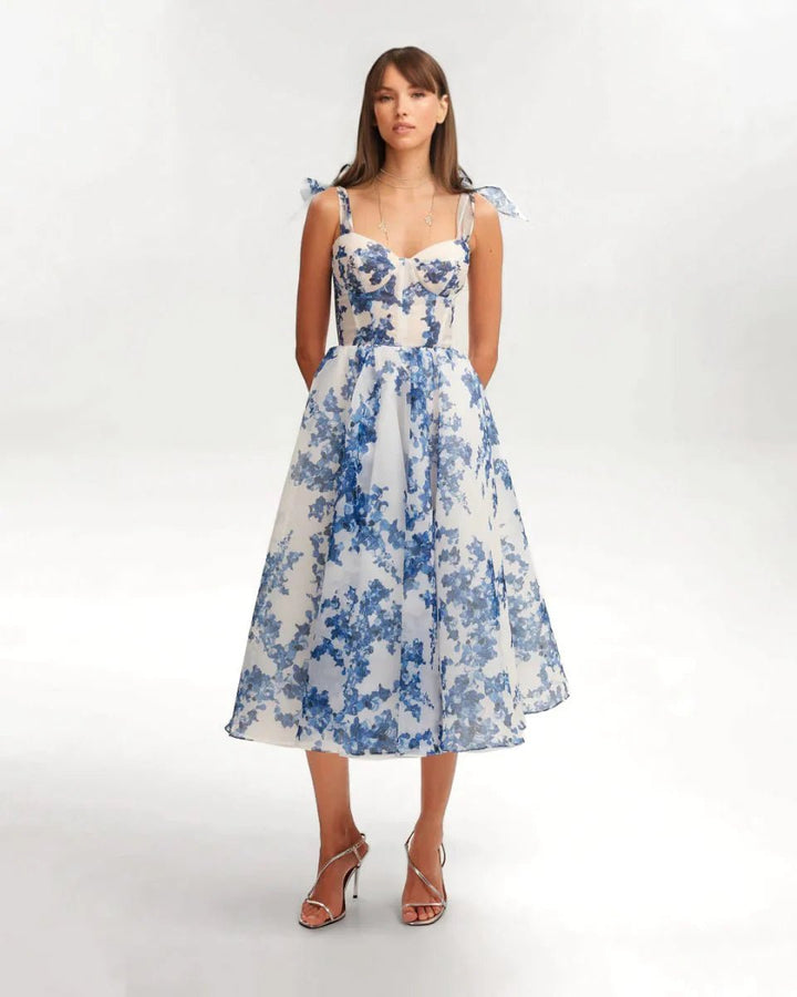 Elana | Romantic midi dress with floral embroidery and bow details