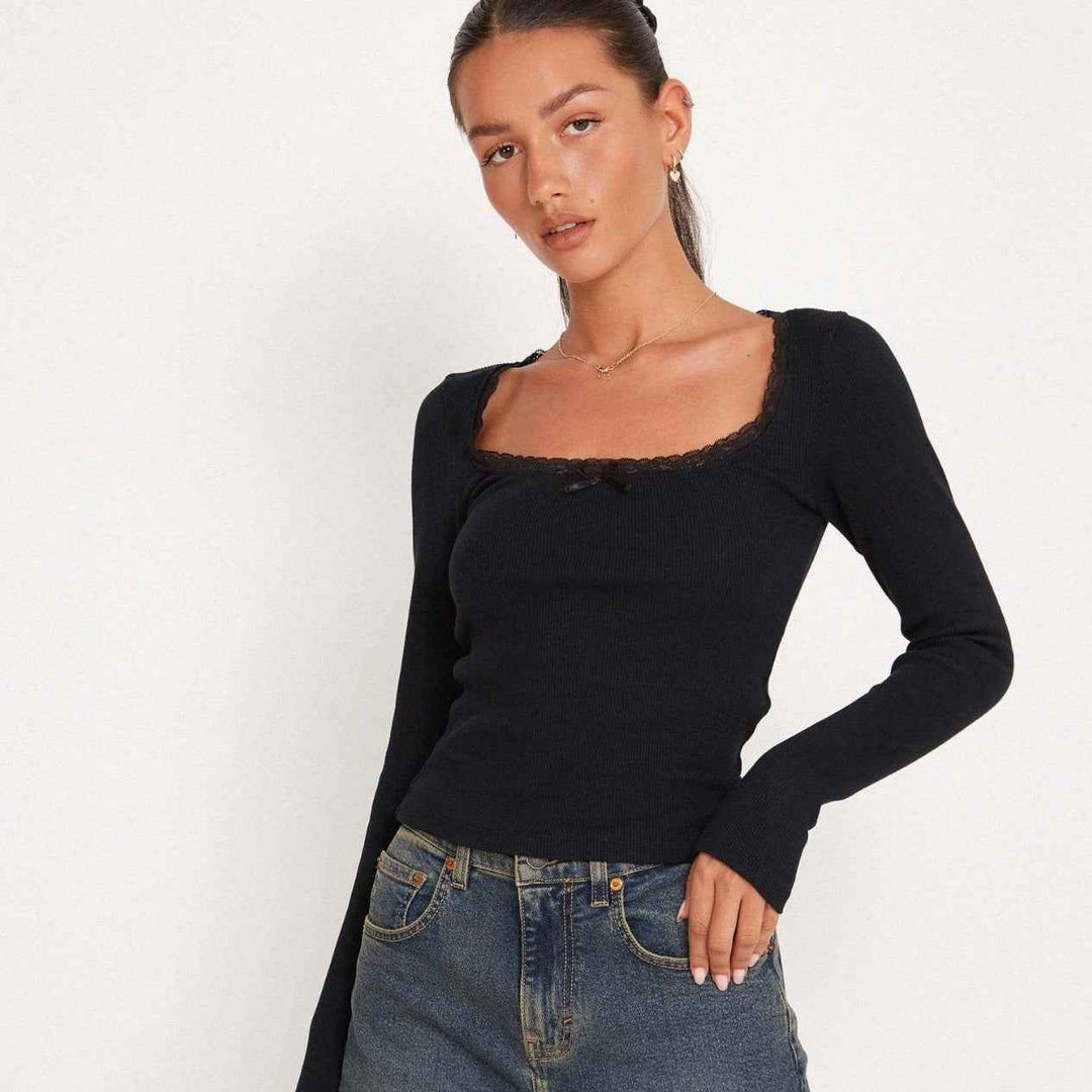 Isla | Ribbed long sleeve top with lace trim and bow detail