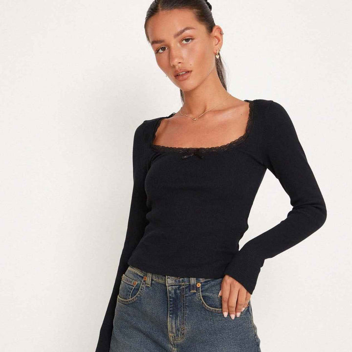 Isla | Ribbed long sleeve top with lace trim and bow detail