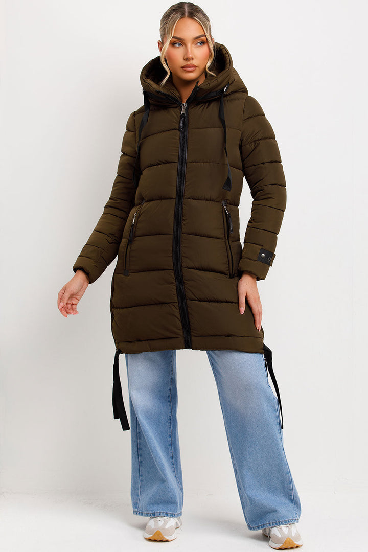 Solana | Women’s long hooded puffer coat with side strap detail