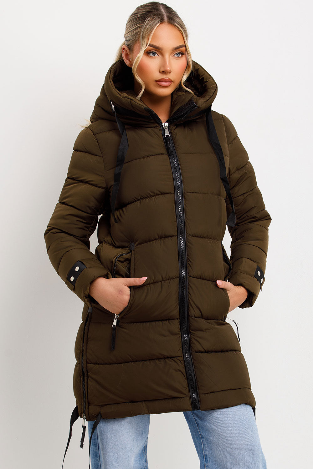 Solana | Women’s long hooded puffer coat with side strap detail