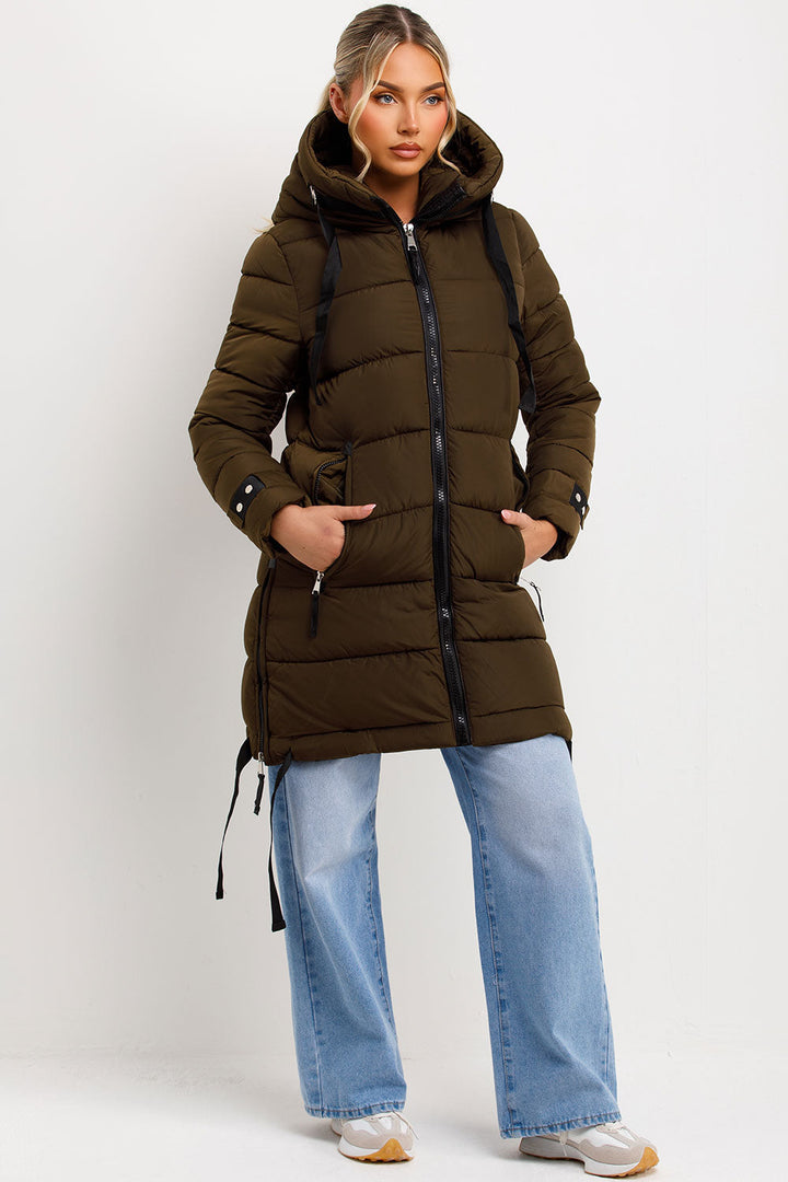 Solana | Women’s long hooded puffer coat with side strap detail