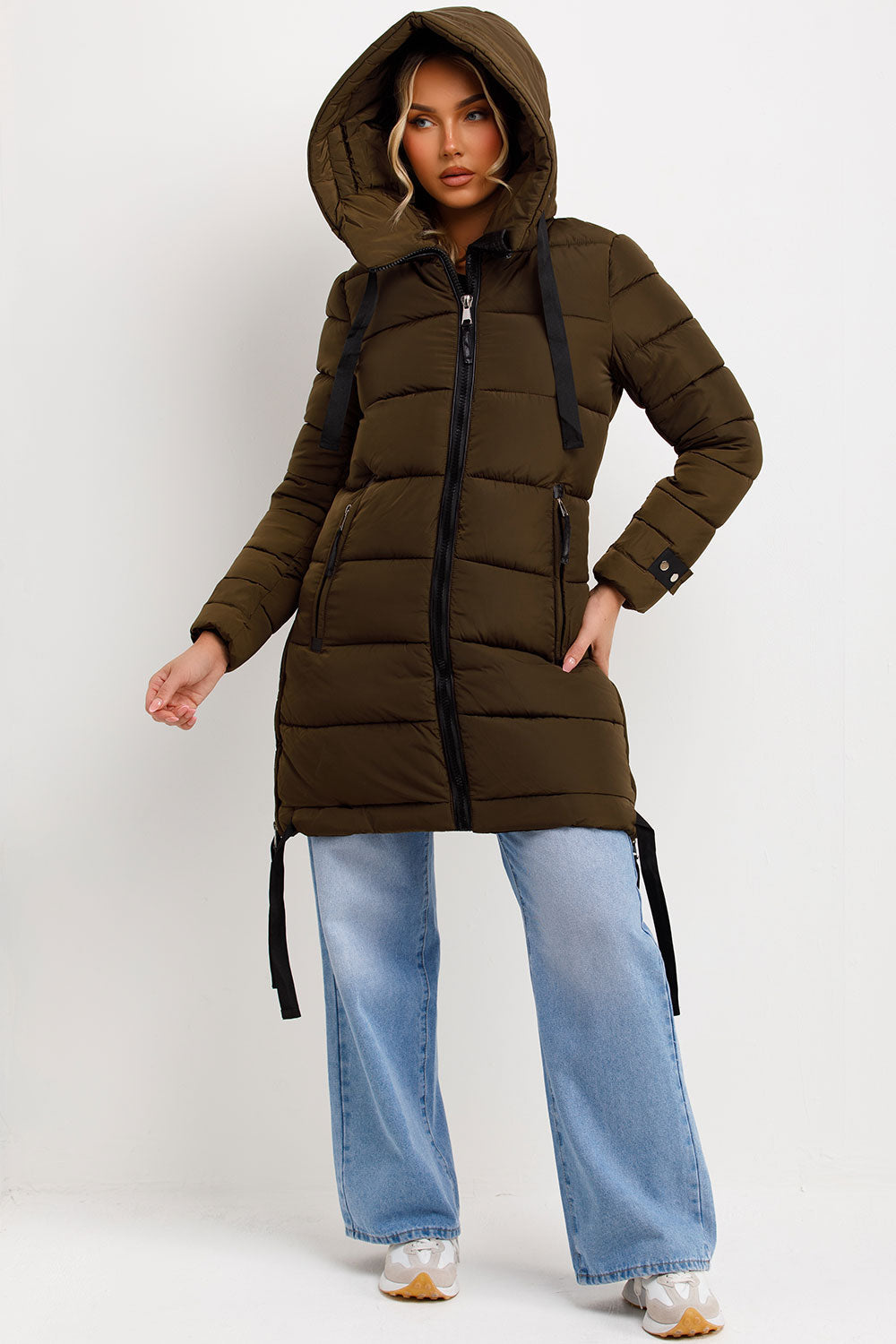 Solana | Women’s long hooded puffer coat with side strap detail