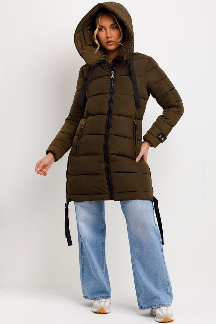 Solana | Women’s long hooded puffer coat with side strap detail