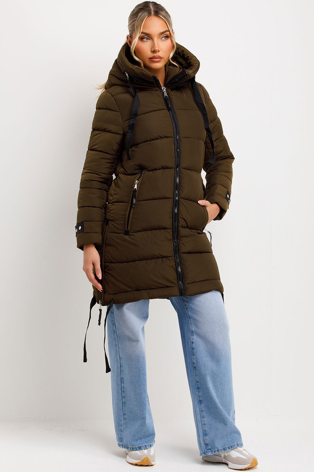 Solana | Women’s long hooded puffer coat with side strap detail