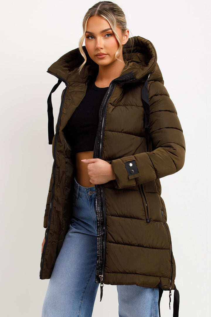 Solana | Women’s long hooded puffer coat with side strap detail