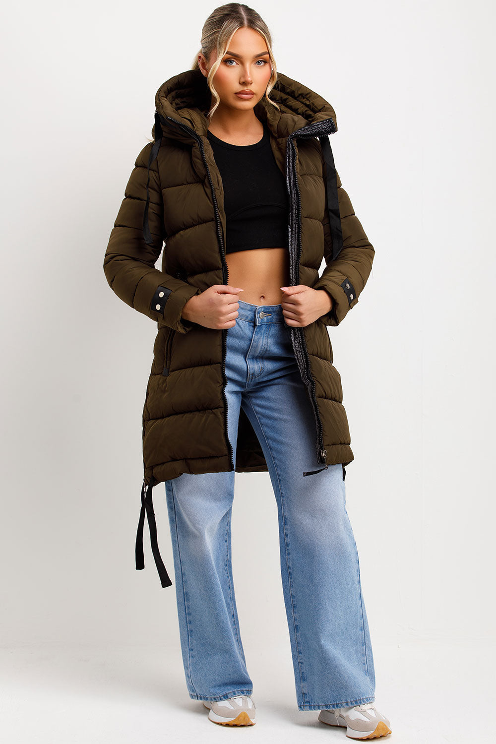 Solana | Women’s long hooded puffer coat with side strap detail