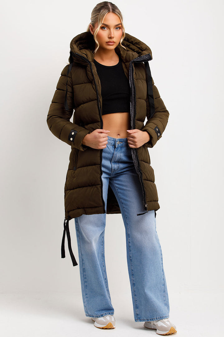 Solana | Women’s long hooded puffer coat with side strap detail