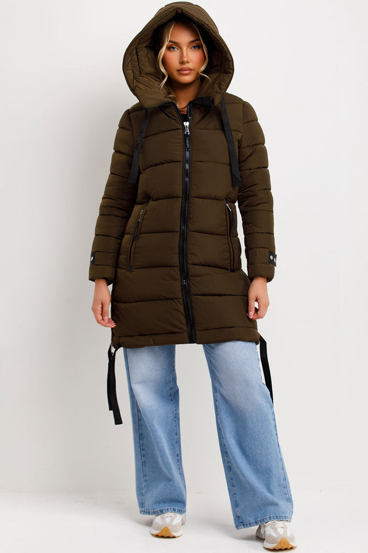 Solana | Women’s long hooded puffer coat with side strap detail