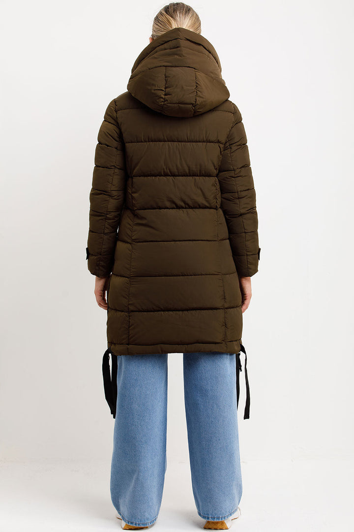 Solana | Women’s long hooded puffer coat with side strap detail
