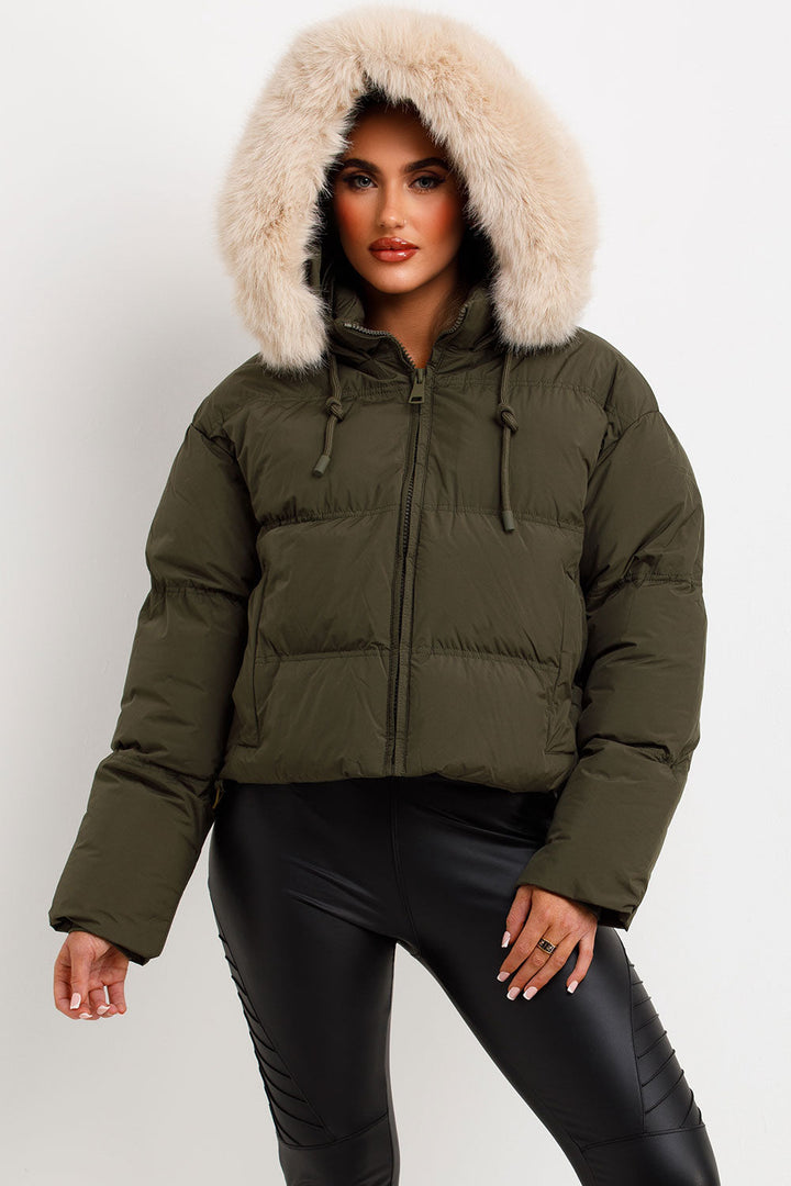 Princess | Women’s cropped puffer jacket with faux fur hood