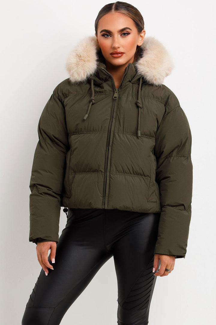 Princess | Women’s cropped puffer jacket with faux fur hood