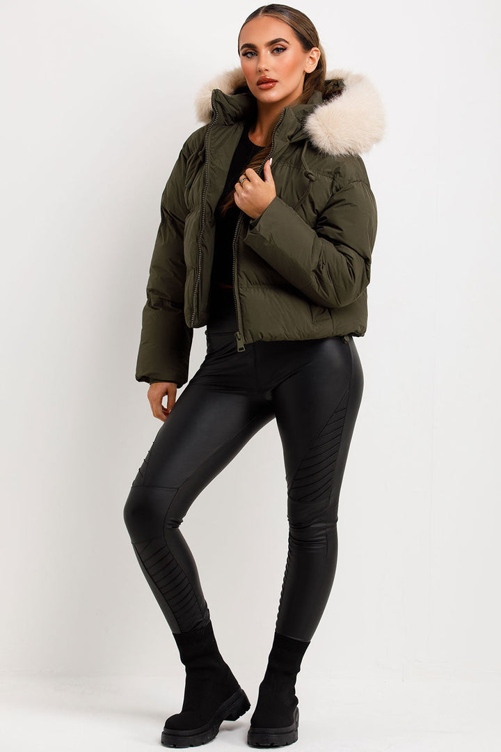 Princess | Women’s cropped puffer jacket with faux fur hood