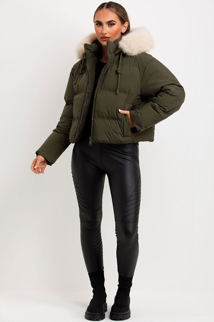 Princess | Women’s cropped puffer jacket with faux fur hood