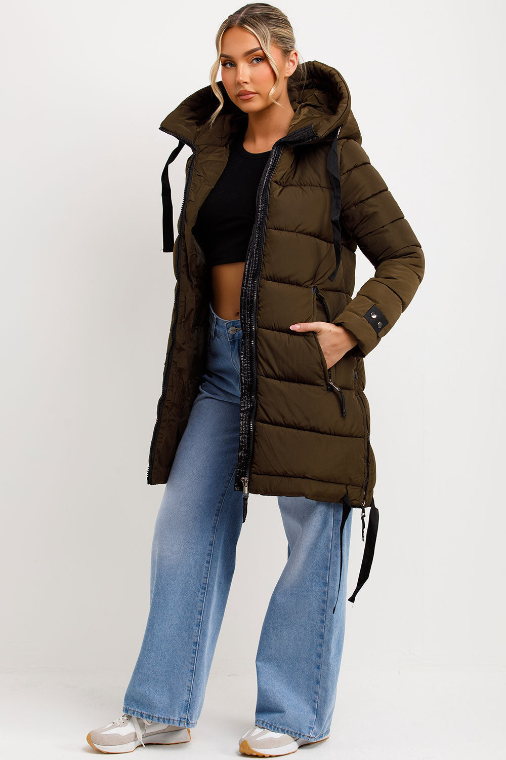 Solana | Women’s long hooded puffer coat with side strap detail