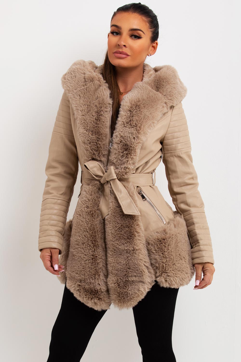 Salem | Women’s faux leather faux fur hooded jacket with wait belt