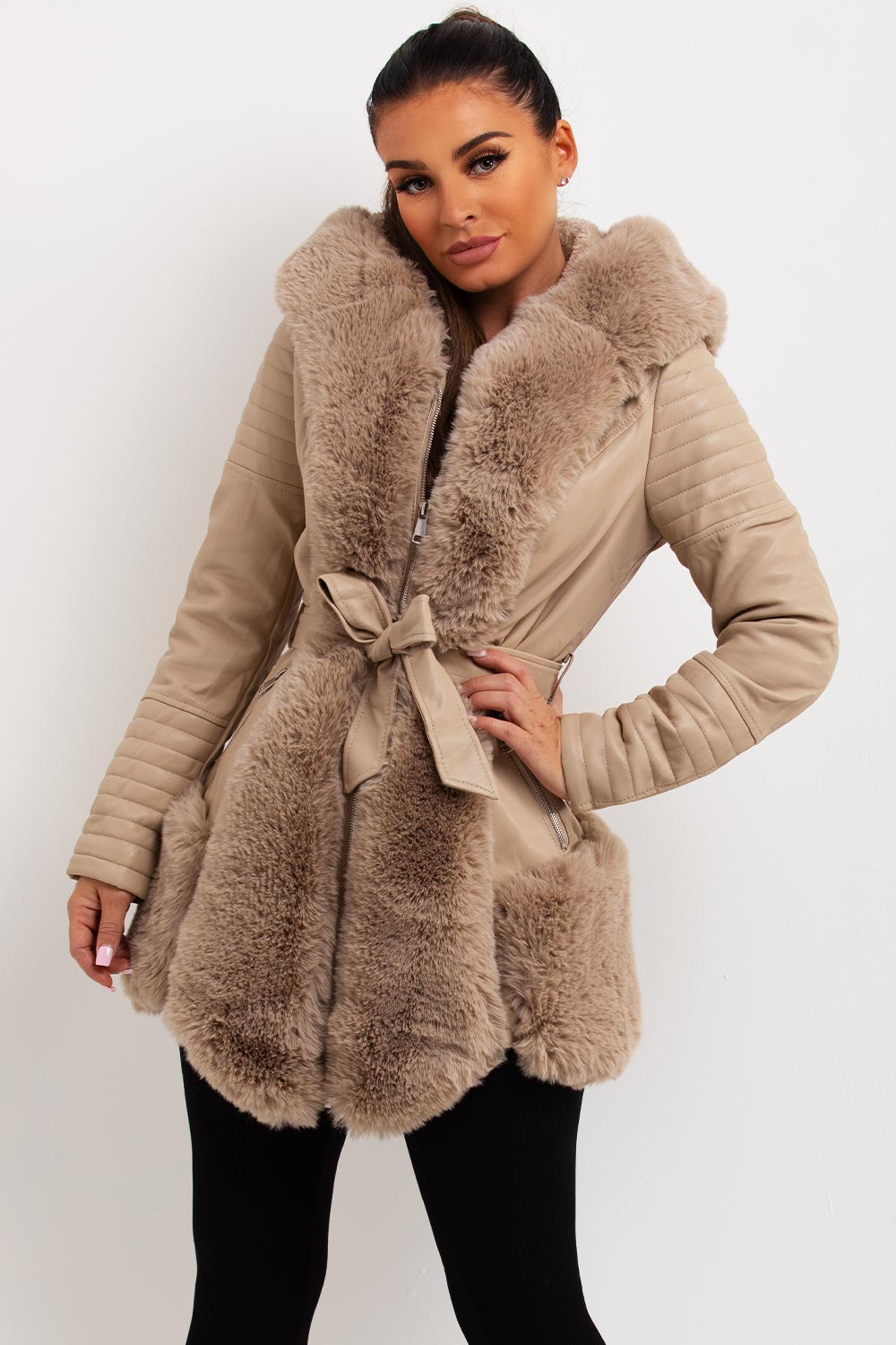 Salem | Women’s faux leather faux fur hooded jacket with wait belt