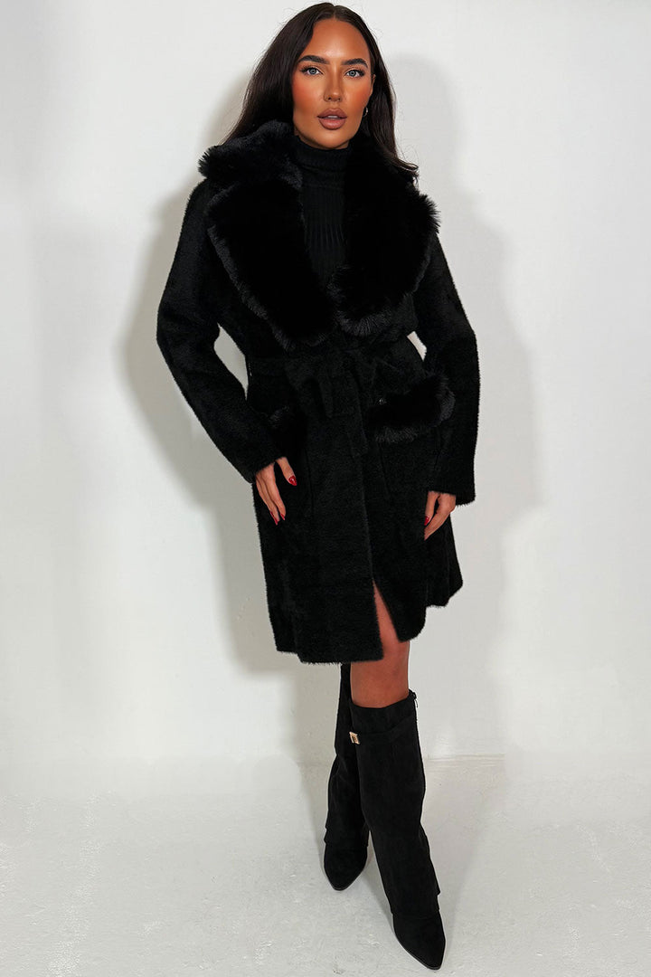 Harley | Women’s belted coat with faux fur collar