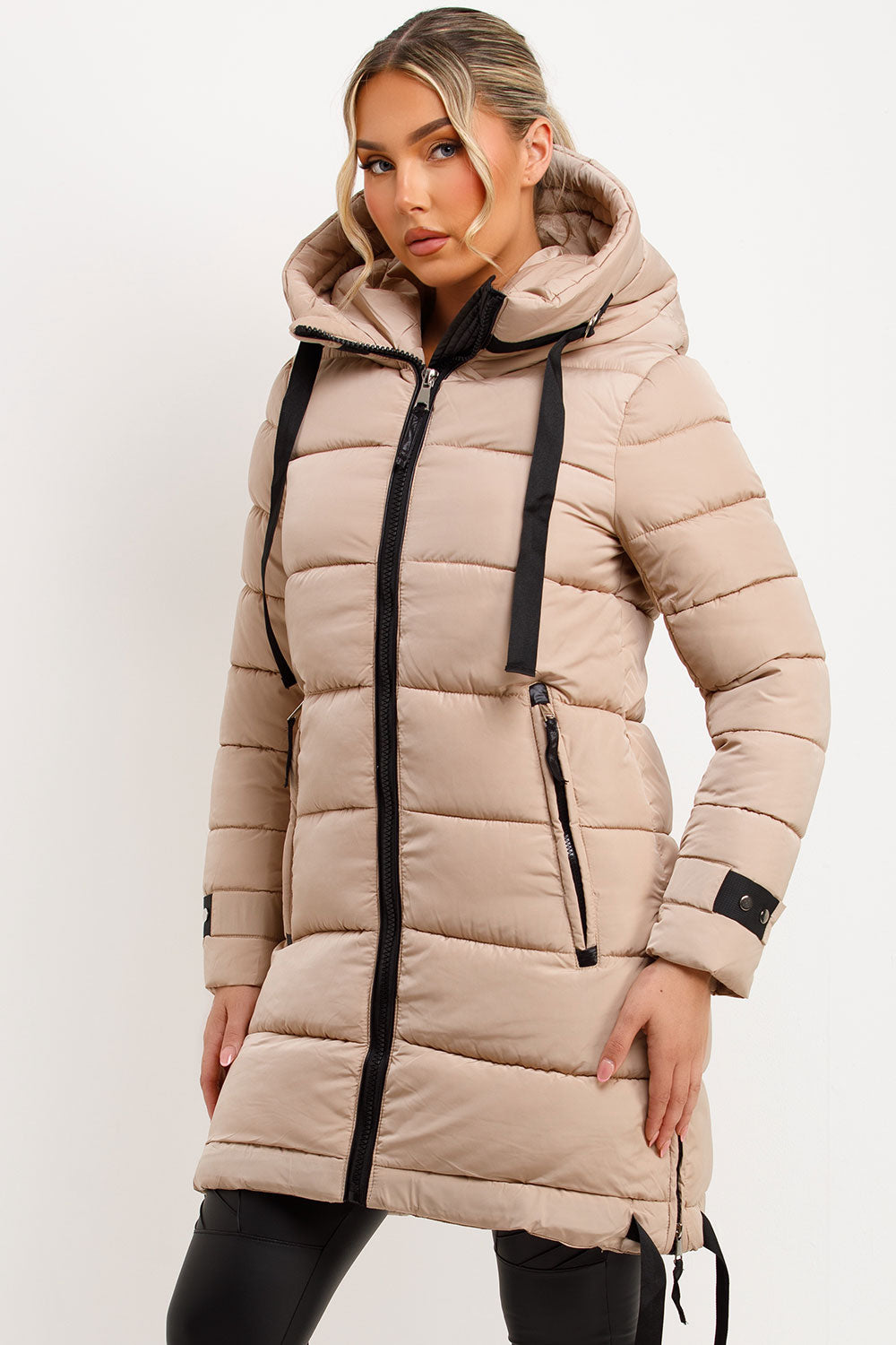 Joelle | Women’s long hooded puffer coat with side strap detail