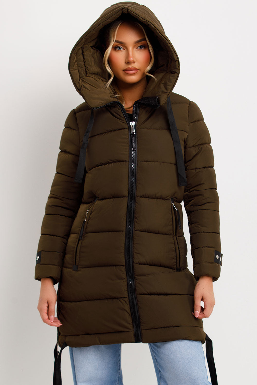 Solana | Women’s long hooded puffer coat with side strap detail