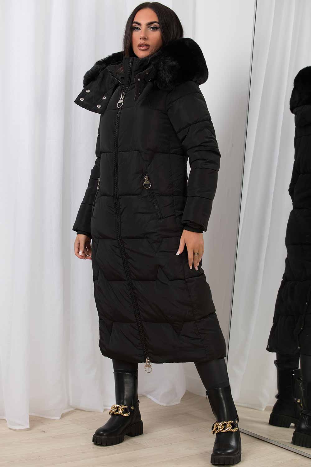Adaline | Women’s long puffer padded coat with faux fur hood