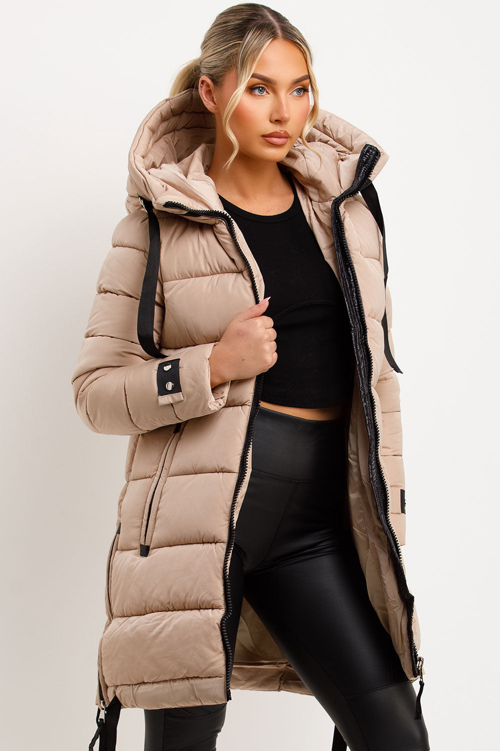 Joelle | Women’s long hooded puffer coat with side strap detail