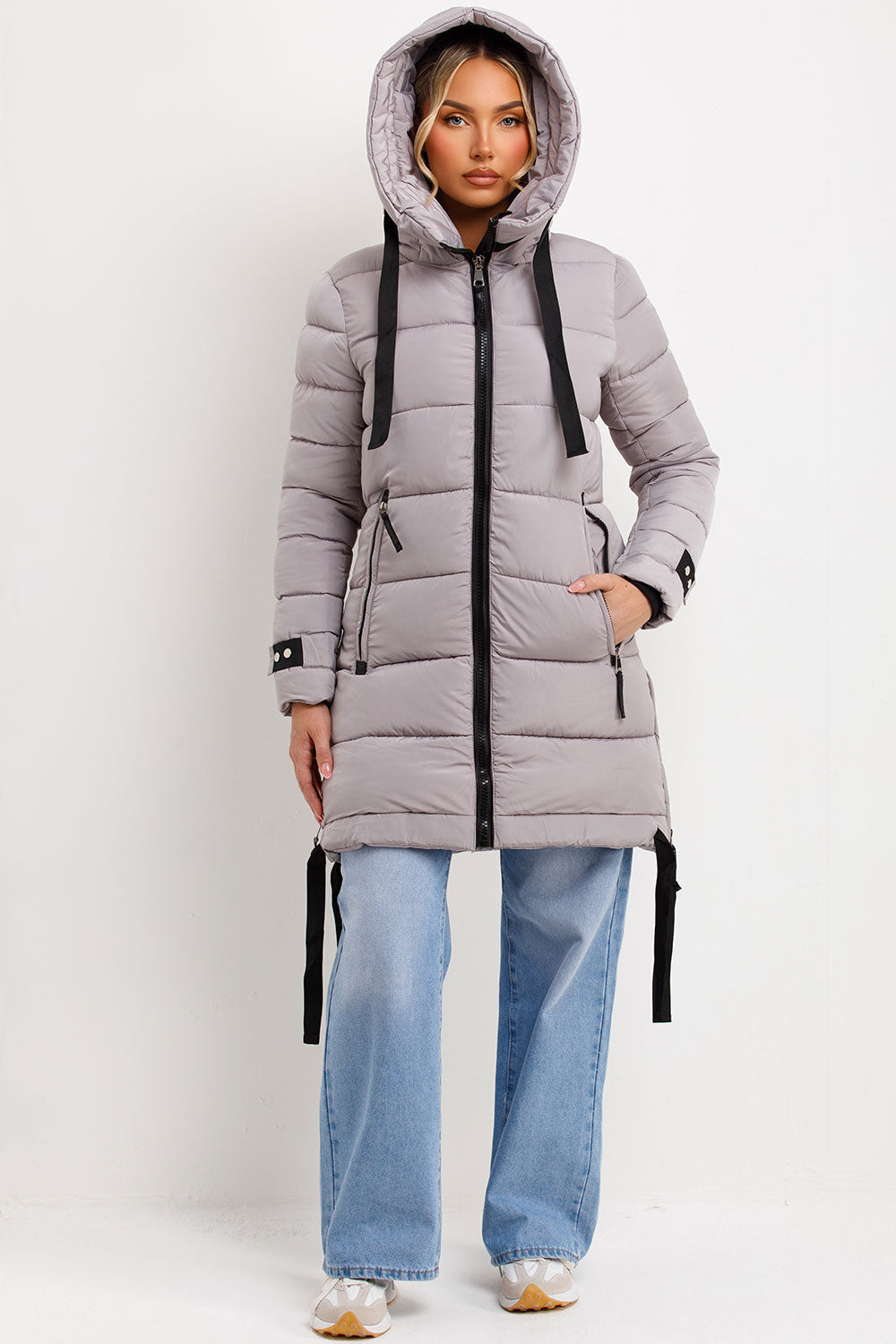 Bailee | Women’s long hooded puffer coat with side strap detail