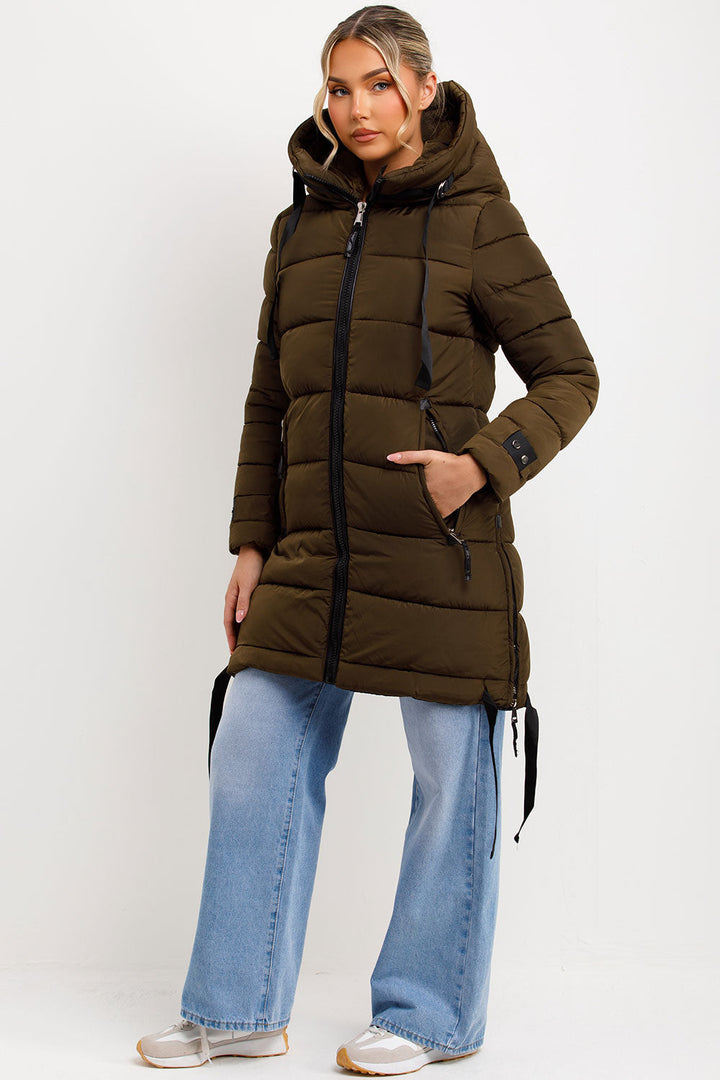 Solana | Women’s long hooded puffer coat with side strap detail