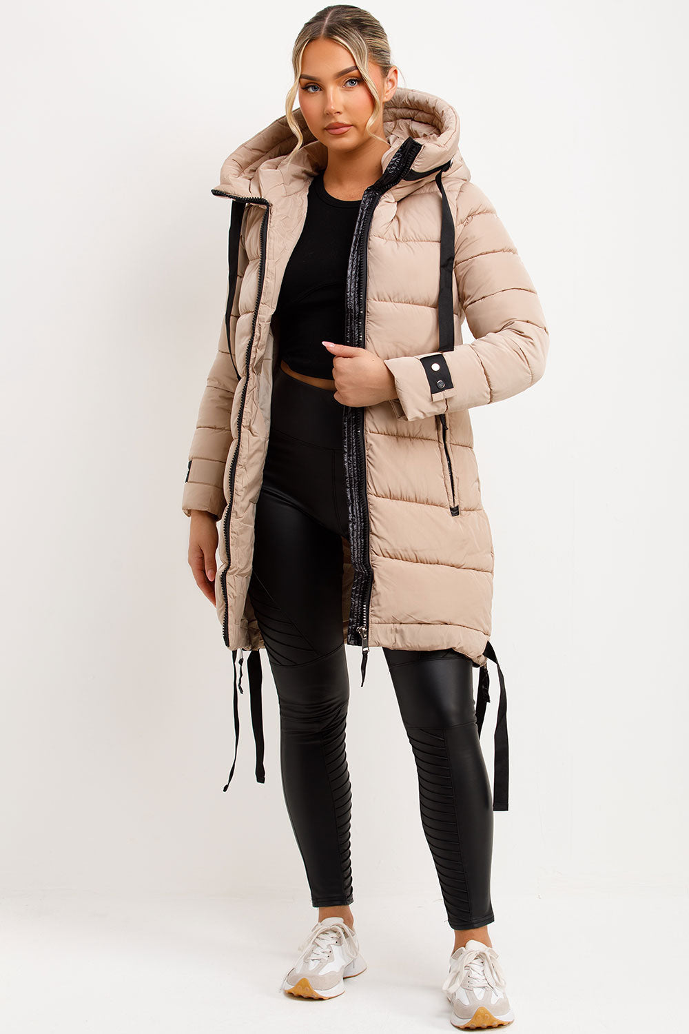Joelle | Women’s long hooded puffer coat with side strap detail