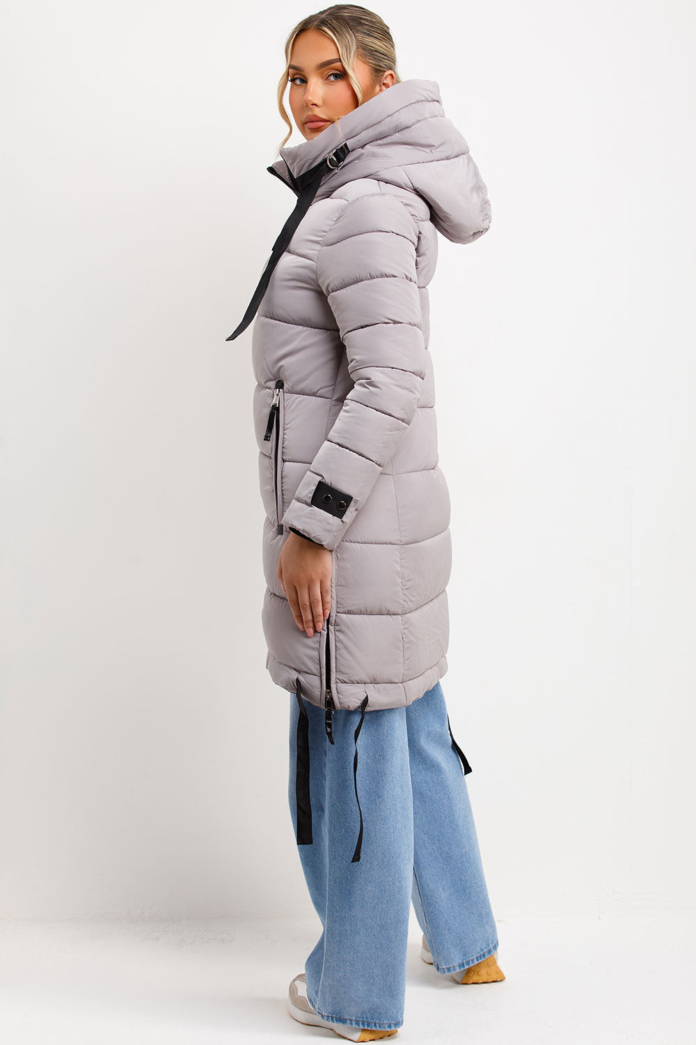 Bailee | Women’s long hooded puffer coat with side strap detail