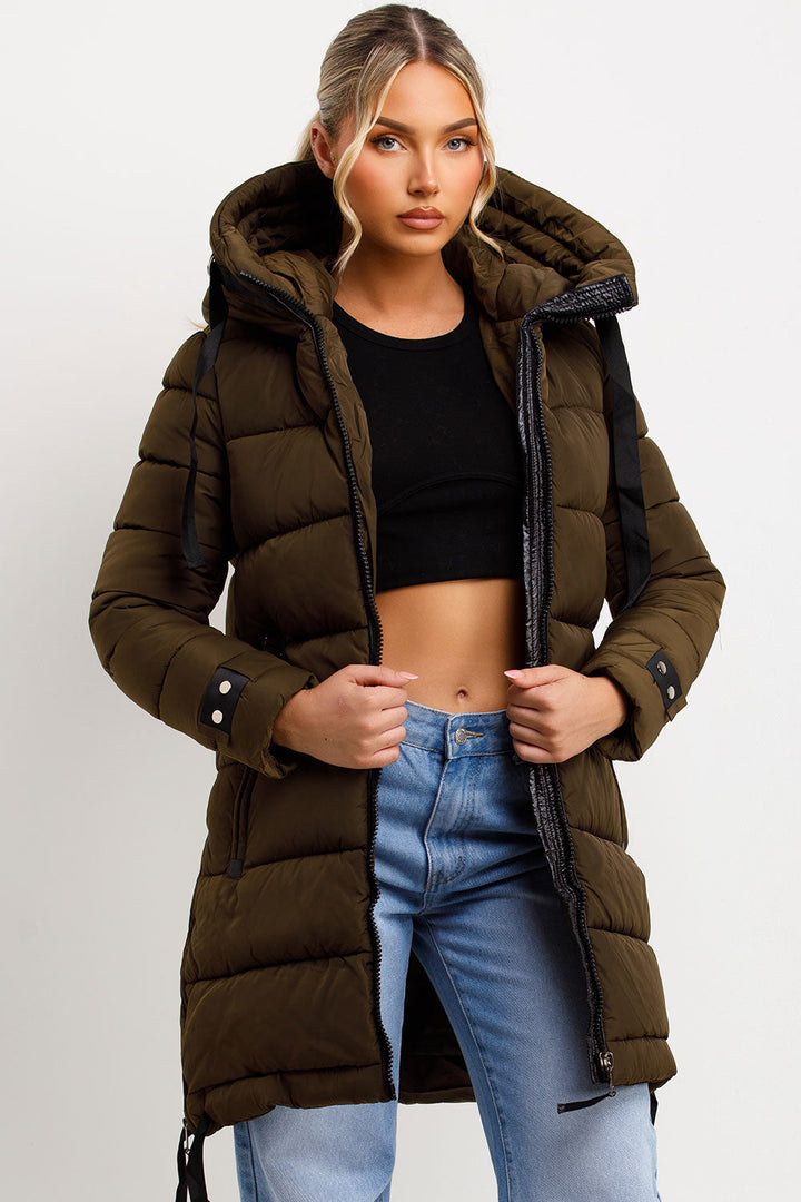 Solana | Women’s long hooded puffer coat with side strap detail