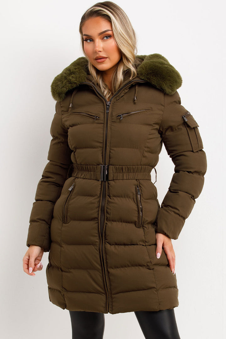 Lillie | Women’s longline belted puffer coat with faux fur hood