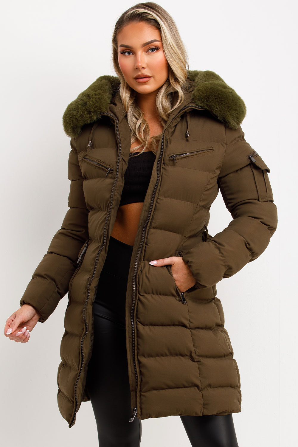 Lillie | Women’s longline belted puffer coat with faux fur hood