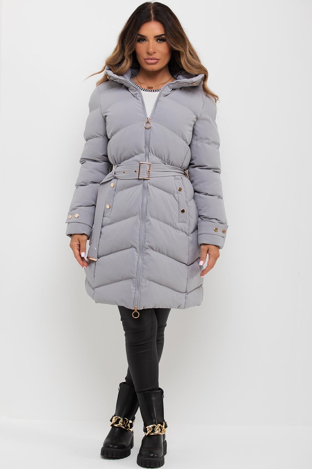 Lilia | Women’s long puffer coat with belt and hood