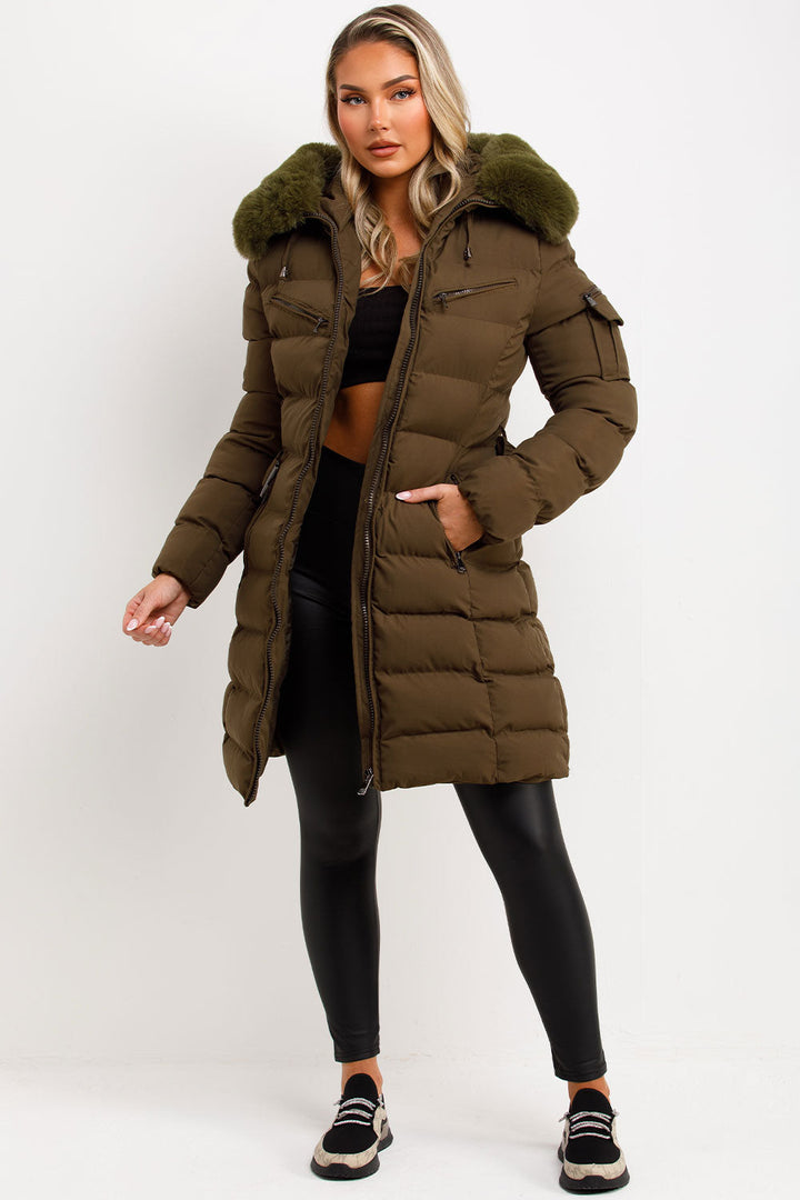 Lillie | Women’s longline belted puffer coat with faux fur hood
