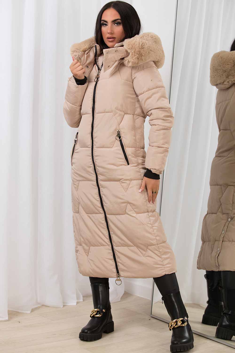 Arleth | Women’s long puffer padded coat with faux fur hood
