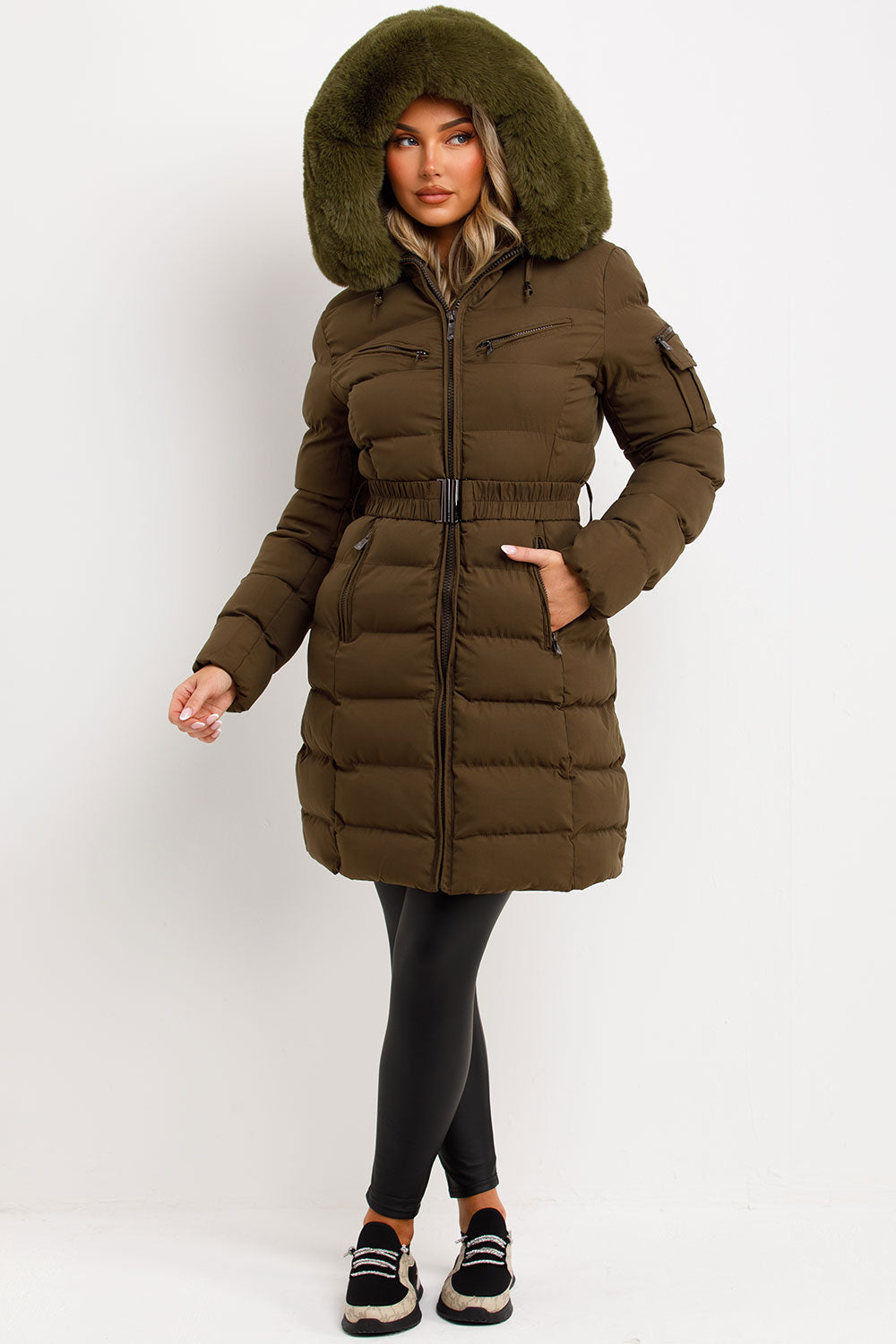 Lillie | Women’s longline belted puffer coat with faux fur hood